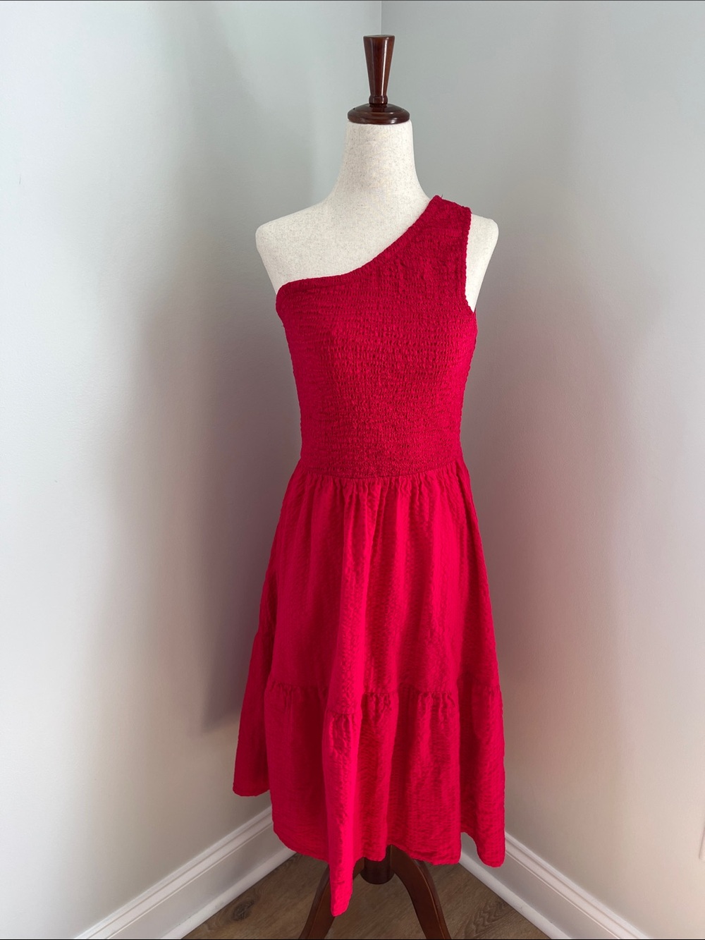 And Now This | One-Shoulder Smocked Sundress in Pinkish Red #89639M Size S